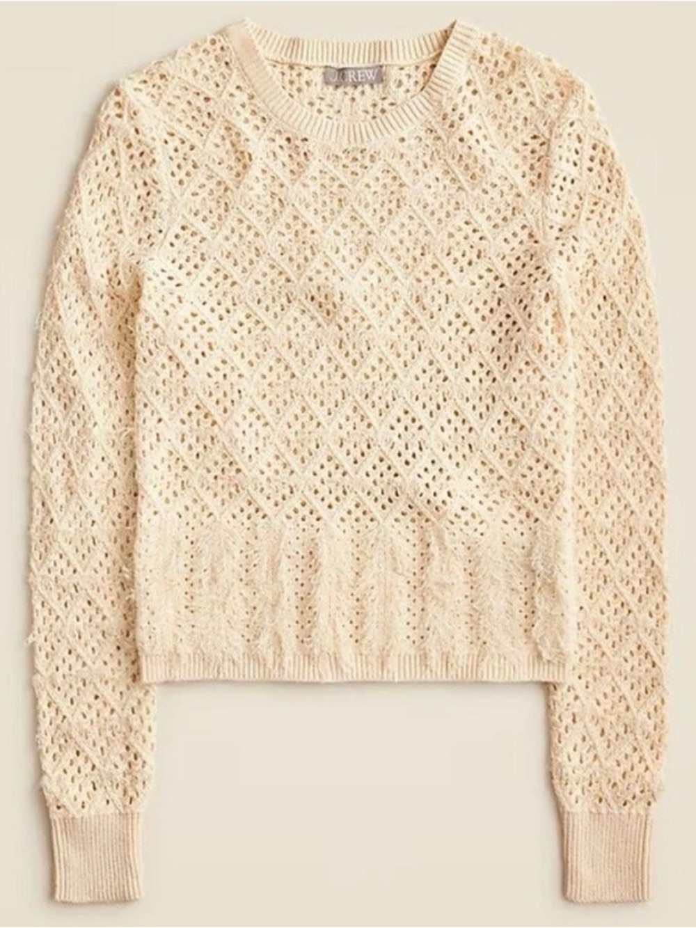 J.Crew Pointelle Crewneck Sweater With Fringe Cream Color Cotton Blend Small